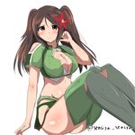  alternate_hairstyle amagi_(kantai_collection) bare_shoulders blush breasts brown_eyes brown_hair cleavage cleavage_cutout crop_top from_side green_legwear hair_between_eyes hair_ornament kantai_collection large_breasts leaf_hair_ornament looking_at_viewer midriff miniskirt remodel_(kantai_collection) senshiya shiny shiny_skin sitting sketch skirt smile solo thighhighs twintails twintails_day 