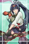  &gt;:( aiming arrow black_gloves blue_eyes blue_hair bow_(weapon) drawing_bow frown gloves hairband holding holding_arrow holding_bow_(weapon) holding_weapon hyakka_ryouran_samurai_girls japanese_clothes long_hair looking_at_viewer muneate outstretched_arm ponytail single_glove solo uesugi_kagekatsu v-shaped_eyebrows weapon x-teal2 