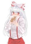  bad_id bad_pixiv_id bangs blush collared_shirt eating food fujiwara_no_mokou honi long_sleeves pants red_eyes red_pants reflective_eyes shirt silver_hair simple_background solo suspenders taiyaki touhou upper_body wagashi white_background 