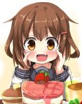  :d blush brown_eyes brown_hair butter cake commentary_request drink fang food fruit glass hair_ornament hairclip hands_on_own_face highres ikazuchi_(kantai_collection) kantai_collection open_mouth oshiruko_(uminekotei) pancake school_uniform serafuku short_hair smile solo sparkle strawberry 