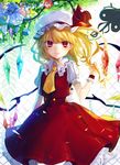  ascot bad_id bad_pixiv_id blonde_hair daimaou_ruaeru dress flandre_scarlet flower hat hat_ribbon highres laevatein looking_at_viewer mob_cap puffy_short_sleeves puffy_sleeves red_dress red_eyes ribbon shirt short_sleeves side_ponytail solo touhou wings wrist_cuffs 