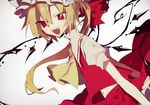  ascot asymmetrical_hair bad_id bad_twitter_id blonde_hair crystal dutch_angle fangs flandre_scarlet gradient gradient_background hat higa423 looking_at_viewer midriff mob_cap navel open_mouth puffy_sleeves red_eyes ribbon shirt short_sleeves side_ponytail skirt skirt_set smile solo touhou upskirt vest wings 