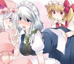 bent_over between_breasts blonde_hair blue_eyes blush breasts commentary_request d: dress fang flandre_scarlet hammer_(sunset_beach) hanging_breasts izayoi_sakuya large_breasts maid maid_headdress multiple_girls necktie necktie_between_breasts open_mouth pink_dress puffy_sleeves red_dress red_eyes remilia_scarlet shirt short_sleeves siblings silver_hair sisters skirt skirt_pull skirt_set smile smirk sweatdrop touhou vest wavy_mouth wrist_cuffs yuri 