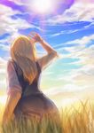  absurdres blonde_hair blue_sky christon-clivef claire_(harvest_moon) cloud dated day field from_behind harvest_moon highres lens_flare long_hair overalls signature sky solo sun sunlight 