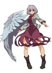  ahoge bad_anatomy bangs blush boots bow bowtie commentary_request d: dress full_body jacket kishin_sagume legs_apart long_sleeves looking_at_viewer open_mouth purple_dress red_bow red_eyes short_hair signature silver_hair single_wing solo standing touhou umigarasu_(kitsune1963) white_background wings 