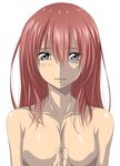 blue_eyes breasts canon_memphis collarbone hands_together large_breasts long_hair no_nipples nude parted_lips red_hair shiny shiny_skin simple_background solo soukyuu_no_fafner upper_body watarui white_background 