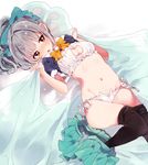  :o alternate_costume alternate_legwear aqua_bow aqua_skirt bangs bell bell_choker black_legwear blanket blanket_grab blush bow bowtie breasts brown_eyes cat_cutout cat_ear_panties cat_lingerie choker cleavage cleavage_cutout eyebrows eyebrows_visible_through_hair frills grey_hair groin hair_bow jingle_bell kantai_collection long_hair looking_to_the_side lying medium_breasts meme_attire natsumi_(natumi06) navel on_back orange_bow orange_neckwear panties paw_print pillow pleated_skirt ponytail shirt_lift short_sleeves side-tie_panties skirt skirt_around_one_leg solo stomach thighhighs underwear unzipped white_panties yuubari_(kantai_collection) 