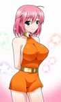  arms_behind_back ashikaga_tamane bad_id bad_pixiv_id bare_shoulders blush breasts collar commentary_request dress final_fantasy final_fantasy_v green_eyes large_breasts lenna_charlotte_tycoon looking_at_viewer orange_shirt orange_skirt pink_hair revealing_clothes shirt short_dress short_hair sideboob skirt sleeveless sleeveless_dress smile solo 