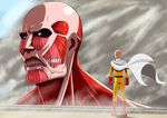  absurdres bald blue_eyes boots cape colossal_titan commentary_request crossover derivative_work giant gloves highres male_focus multiple_boys one-punch_man pants red_footwear red_gloves saitama_(one-punch_man) shingeki_no_kyojin size_difference standing taka_(takahirokun) titan_(shingeki_no_kyojin) white_cape yellow_pants 