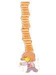 brown_hair closed_eyes frisk_(undertale) hot_dog no_mouth no_nose numata28 on_head shirt solo stacking striped striped_shirt sweat trembling undertale white_background 