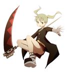  blonde_hair blush boots colorized gloves green_eyes jacket maka_albarn miniskirt necktie panties scythe skirt solo soul_eater tied_hair twintails underwear weapon 