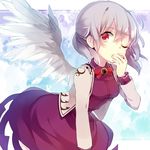  bangs black_hair bow bowtie dress hand_on_own_face kishin_sagume long_sleeves looking_at_viewer one_eye_closed open_clothes red_eyes short_hair silver_hair single_wing solo suzuna_(mark_of_luck) touhou white_wings wings 