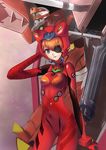  :d animal_ears animal_helmet bangs blue_eyes bodysuit bracer breasts cowboy_shot duct_tape eva_02 eyepatch fake_animal_ears gloves hair_between_eyes hand_behind_head helmet highres interlaken looking_at_viewer mecha neon_genesis_evangelion number open_mouth orange_hair pilot_suit plugsuit rebuild_of_evangelion shikinami_asuka_langley skin_tight small_breasts smile solo souryuu_asuka_langley turtleneck 