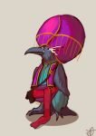  ambiguous_gender anthro avian beak bird black_eyes black_feathers clothed clothing dohwar dungeons_&amp;_dragons embroidery eyebrows feathers grey_background headwear kookri penguin sash satchel signature simple_background solo standing turban vest white_feathers wings 