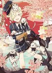  ^_^ animal animal_on_head blonde_hair bow cherry_blossoms closed_eyes gokotai gokotai's_tigers hair_over_one_eye hat male_focus military military_uniform necktie on_head open_mouth rope shimenawa shorts smile sword tantou tiger tiger_cub touken_ranbu uniform weapon white_tiger xi_yuu 