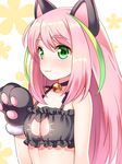  :3 alternate_costume bell bell_choker breasts cat_cutout cat_lingerie choker cleavage cleavage_cutout frills gloves green_eyes green_hair hashimoto_nyaa jingle_bell long_hair meme_attire multicolored_hair osomatsu-san paw_gloves paws pink_hair shouni_(sato3) small_breasts solo streaked_hair upper_body 