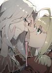 1girl blonde_hair blue_eyes close-up epaulettes facial_hair fate/apocrypha fate/extra fate/grand_order fate_(series) from_side goatee green_eyes hand_on_another's_cheek hand_on_another's_face koshiro_itsuki long_hair looking_at_another nero_claudius_(fate) nero_claudius_(fate)_(all) profile short_hair vlad_iii_(fate/apocrypha) white_hair 