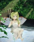  alternate_costume bangs barefoot bow breasts daiyousei dappled_sunlight dress fairy_wings green_eyes green_hair hair_bow honi legs light_rays long_ponytail looking_up nature peaceful plant reflective_eyes short_dress short_hair side_ponytail small_breasts solo strapless strapless_dress stream sunlight swing swinging touhou vines water white_dress wings 