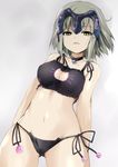  ass_visible_through_thighs bangs bare_arms bare_shoulders bell bell_choker black_bra black_panties bra breasts cat_cutout cat_ear_panties cat_lingerie choker cleavage cleavage_cutout collarbone cowboy_shot fate/grand_order fate_(series) grey_background grey_hair groin headpiece jeanne_d'arc_(alter)_(fate) jeanne_d'arc_(fate)_(all) jingle_bell medium_breasts meme_attire navel panties sen_(astronomy) serious short_hair side-tie_panties simple_background solo standing thigh_gap tsurime underwear underwear_only yellow_eyes 