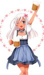  ;d alcohol beer beer_mug blue_eyes cup dirndl german_clothes holding holding_cup kantai_collection long_hair one_eye_closed open_mouth ro-500_(kantai_collection) silver_hair smile solo sotogawa_max tan tanline 