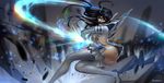  absurdres ass bakuzan black_hair blue_eyes boots high_heel_boots high_heels highres junketsu kill_la_kill kiryuuin_satsuki long_hair pauldrons saturn_(satscarlet) skin_tight solo swinging sword weapon white_footwear white_legwear 