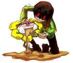  blush_stickers brown_hair chara_(undertale) commentary evil_grin evil_smile feeding flower flowey_(undertale) force_feeding full_body full_mouth g0966 grin highres kneeling no_pupils red_eyes sand shaded_face shirt simple_background smile soil solid_oval_eyes spoilers striped striped_shirt sweat sweating_profusely tears teeth undertale white_background 