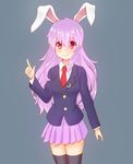  animal_ears black_legwear blazer blouse blue_background blush bunny_ears c: crescent_moon extra_ears highres jacket lavender_hair long_hair looking_at_viewer moon necktie pleated_skirt purple_hair red_eyes red_neckwear reisen_udongein_inaba simple_background skirt smile solo thighhighs touhou very_long_hair wataame_(k66t009921) 