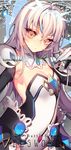  ahoge armor armpits breasts character_name cleavage code:_battle_seraph_(elsword) copyright_name cowboy_shot detached_collar elbow_gloves elsword eve_(elsword) expressionless facial_mark forehead_protector gem gloves hair_between_eyes hair_tousle halftone halftone_background head_tilt lace leotard long_hair looking_at_viewer pauldrons pika_(kai9464) small_breasts solo strapless strapless_leotard very_long_hair watermark web_address white_gloves white_hair yellow_eyes 