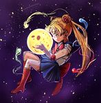  bishoujo_senshi_sailor_moon blonde_hair blue_sailor_collar blue_skirt boots choker closed_eyes comet double_bun elbow_gloves from_side full_body gloves high_heel_boots high_heels long_hair moon pleated_skirt red_choker red_footwear ribbon sailor_collar sailor_moon sailor_senshi_uniform shooting_star skirt smile solo space star_(sky) tears tsubobot tsukino_usagi twintails white_gloves 
