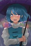  backlighting blue_eyes blue_hair blue_vest crying crying_with_eyes_open heterochromia holding holding_umbrella honi juliet_sleeves light_particles long_sleeves open_mouth puffy_sleeves rain red_eyes reflective_eyes short_hair sketch solo tatara_kogasa tears teeth tongue touhou turtleneck umbrella vest wind 