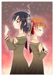  2girls back-to-back black_hair brown_hair closed_eyes from_side fukuzawa_yumi gradient gradient_background half-closed_eyes hand_on_own_chest long_sleeves maria-sama_ga_miteru mizuno_youko multiple_girls parted_lips profile red_ribbon ribbon school_uniform serafuku short_hair sparkle star starry_background translation_request 