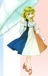  aioi_aoi alternate_costume bow breasts bright_pupils commentary dress eyebrows eyebrows_visible_through_hair flag_background flag_print french_flag green_hair kazami_yuuka large_breasts long_sleeves looking_at_viewer multicolored multicolored_clothes multicolored_dress parasol print_dress red_eyes shirt smile solo striped striped_shirt touhou umbrella underbust vertical-striped_dress vertical_stripes white_pupils 