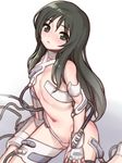  arm_cuffs bare_shoulders black_hair blush breastplate cable crotch_plate fingerless_gloves flat_chest folks_(nabokof) frown gloves grey_eyes long_hair looking_at_viewer minashiro_orihime navel shiny shiny_hair sitting solo soukyuu_no_fafner thigh_strap wariza 
