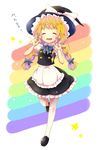  \m/ apron bangs black_ribbon black_skirt blonde_hair bow braid closed_eyes commentary_request double_\m/ frilled_skirt frills full_body hair_ribbon happy hat hat_bow highres jpeg_artifacts kirisame_marisa leg_up long_hair open_mouth puffy_short_sleeves puffy_sleeves rainbow rainbow_background ribbon round_teeth shoes short_sleeves simple_background skirt skirt_set smile solo standing standing_on_one_leg star teeth touhou translated tress_ribbon twin_braids uta_(kuroneko) white_background white_bow witch_hat ze_(phrase) 