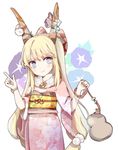 alternate_costume blonde_hair blue_eyes blush bracelet fang floral_background floral_print flower gourd hair_ribbon horn_flower horn_ornament horn_ribbon horns ibuki_suika japanese_clothes jewelry kimono long_hair long_sleeves looking_at_viewer low-tied_long_hair nakaikane obi pointing pointing_up ribbon sash smile solo touhou white_background wide_sleeves yukata 