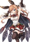  arm_up armpits black_gloves black_legwear blush breasts brown_hair cape clarisse_(granblue_fantasy) commentary_request gloves granblue_fantasy green_eyes hair_ribbon harimoji highres long_hair looking_at_viewer medium_breasts one_eye_closed open_mouth ponytail ribbon skirt smile solo thighhighs v 