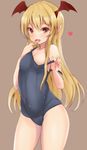  bare_shoulders blonde_hair breasts collarbone finger_licking granblue_fantasy hair_between_eyes head_wings highres licking long_hair looking_at_viewer old_school_swimsuit one-piece_swimsuit pointy_ears red_eyes ryuu. school_swimsuit shingeki_no_bahamut small_breasts solo strap_pull swimsuit vampy 