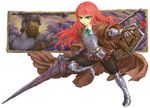  1girl armor cervus coat commentary_request dagger gauntlets greaves green_eyes helmet lance long_hair pixiv_fantasia pixiv_fantasia_t polearm red_hair shield soldier solo_focus wand weapon 