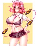  between_breasts breasts cleavage covered_nipples grin harumi_(harumix) heart heart-shaped_pupils horikawa_raiko huge_breasts naughty_face necktie no_nose panties pantyshot puffy_nipples red_eyes red_hair short_hair smile solo symbol-shaped_pupils touhou underwear 
