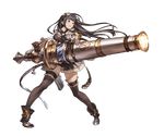  bangs bazooka belt black_eyes black_hair black_legwear blunt_bangs boots buttons cuffs dress full_body gloves goggles goggles_on_head granblue_fantasy gun holding holding_weapon holster huge_weapon jessica_(granblue_fantasy) long_hair minaba_hideo official_art open_collar short_dress shoulder_guard solo strap thighhighs transparent_background weapon white_gloves 