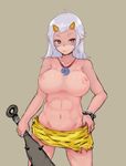  abs animal_print beige_background bracelet breasts chain club cowboy_shot facial_mark flipped_hair hand_on_hip holding holding_weapon horns jewelry large_breasts light_frown loincloth looking_at_viewer magatama megane_chuu necklace nipples oni original pendant pink_skin pointy_ears red_eyes sash setsubun silver_hair simple_background solo spiked_club tiger_print toned topless weapon 