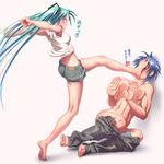  &gt;_&lt; 1girl abs angry aqua_hair armpit_peek ass barefoot blue_hair blush breasts clenched_hands clenched_teeth closed_eyes denim denim_shorts feet femdom fingernails foot_on_face foot_smother full_body hair_ornament hands_up hatsune_miku highres jeans kaito kicking kneepits long_hair midriff nail_polish outstretched_arms pants pants_down pants_pull profile shirt shirtless short_hair shorts simple_background sleeveless sleeveless_shirt small_breasts soles standing standing_on_one_leg stepped_on teeth toenail_polish toenails toes translated twintails very_long_hair vocaloid wokada 