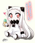  chibi collar commentary contemporary covered_mouth food heart horns ice_cream ice_cream_cone kantai_collection long_hair mittens northern_ocean_hime orange_eyes sidelocks sitting_on_floor sleeveless socks solo translated very_long_hair yamato_nadeshiko 