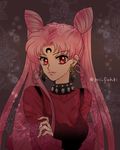  bishoujo_senshi_sailor_moon black_lady chibi_usa crystal_earrings double_bun earrings facial_mark forehead_mark fuzuki_(pri_fuhki) gem jewelry long_hair looking_at_viewer older pink_hair red_eyes sash smile solo twintails twitter_username upper_body 