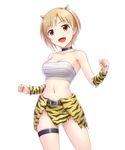  :d aiba_yumi alternate_costume animal_print arm_warmers bangs belt blonde_hair breasts buckle choker cleavage clenched_hands collarbone cowboy_shot eyebrows eyebrows_visible_through_hair fangs horns idolmaster idolmaster_cinderella_girls large_breasts legs_apart looking_at_viewer midriff navel open_mouth pataniito red_eyes sarashi setsubun short_hair simple_background skirt smile solo thigh_strap tiger_print tiger_stripes white_background 
