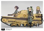  absurdres anchovy anzio_(emblem) anzio_military_uniform belt black_hair black_shirt blonde_hair boots braid brown_eyes carpaccio carro_veloce_cv-33 commentary copyright_name dress_shirt drill_hair emblem food from_side girls_und_panzer green_hair grey_background grey_jacket grey_pants grin ground_vehicle hair_ribbon hands_on_hips highres holding italy jacket katsudansou knee_boots long_hair long_sleeves looking_at_another military military_uniform military_vehicle motor_vehicle multiple_girls necktie pants pepperoni_(girls_und_panzer) pizza ribbon shirt short_hair shoulder_belt side_braid smile tank twin_drills twintails uniform 