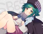  androgynous blush cabbie_hat copyright_name dutch_angle green_hair grey_background hand_to_own_mouth hands_up hat knees long_sleeves looking_at_viewer male_focus mayachi_(amuriya) mittens show_by_rock!! simple_background snowing solo tsugihagi_(show_by_rock!!) yellow_eyes 