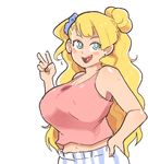  asymmetrical_hair blonde_hair breasts commentary fang galko inkerton-kun large_breasts long_hair navel one_side_up oshiete!_galko-chan scrunchie side_bun smile solo v 