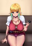  bangs belt blonde_hair blunt_bangs breasts cleavage collarbone couch dress fingernails grey_eyes hair_ribbon holding holding_microphone huge_breasts ishimiso_(ishimura) light_smile long_hair looking_at_viewer microphone no_legwear on_couch panties pantyshot pantyshot_(sitting) pink_panties pointy_ears princess_zelda red_dress ribbon short_dress sidelocks sitting solo taut_clothes taut_dress the_legend_of_zelda the_legend_of_zelda:_skyward_sword thighs tress_ribbon underwear 