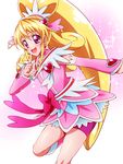  :d absurdres aida_mana arm_warmers bad_id bad_pixiv_id bike_shorts blonde_hair blush boots bow brooch choker cure_heart curly_hair dokidoki!_precure hair_ornament half_updo heart heart_hair_ornament highres jewelry knee_boots long_hair magical_girl open_mouth pink_bow pink_eyes pink_skirt pink_sleeves ponytail precure sharumon shorts shorts_under_skirt skirt smile solo sparkle standing standing_on_one_leg 